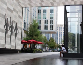 Scenes from CenterCityDC: A water feature, a giant video installation and Daniel Bolud's DBGB Kitchen and Bar. Image Credit: Colette Shade.