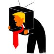 Illustrated figure of Donald Trump yelling while holding a television with his head through it.