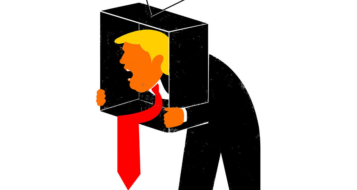 Illustrated figure of Donald Trump yelling while holding a television with his head through it.