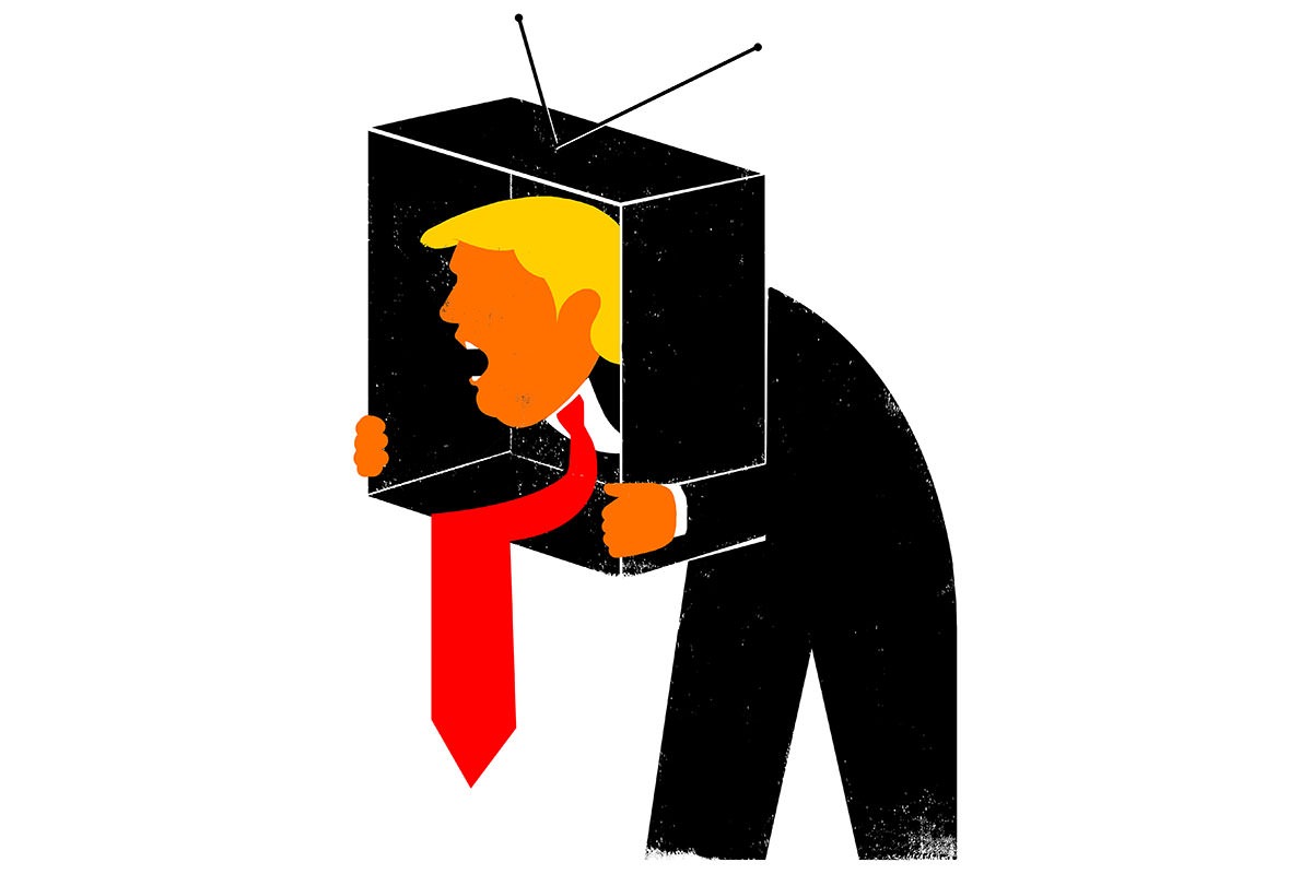Illustrated figure of Donald Trump yelling while holding a television with his head through it.