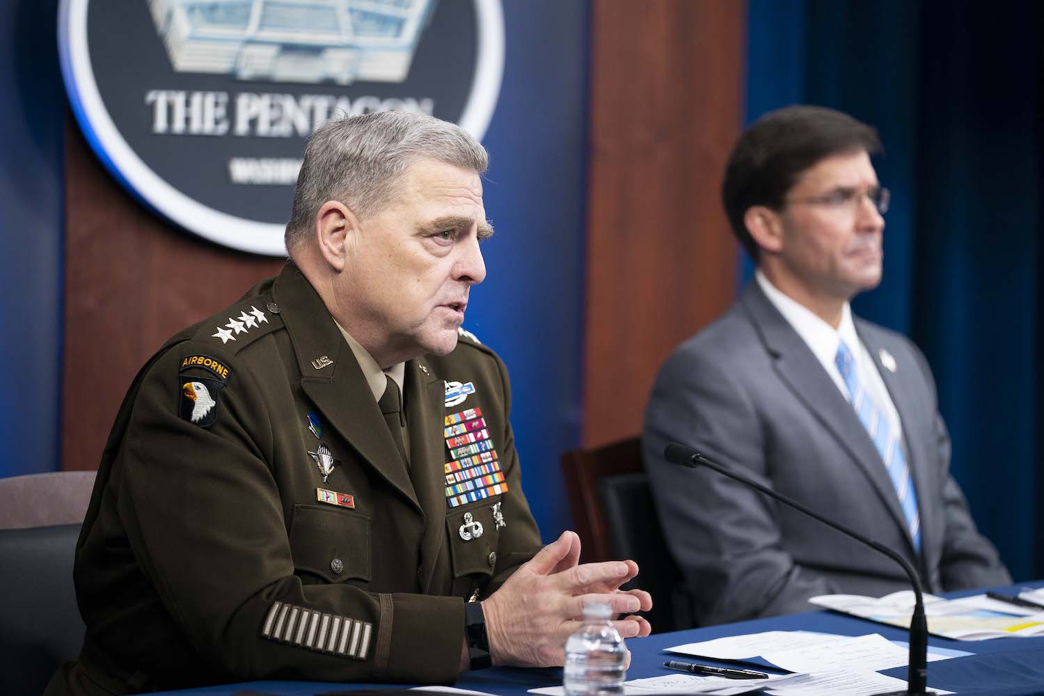 Army Gen. Mark A. Milley, chairman of the Joint Chiefs of Staff, and Secretary of Defense Mark T. Esper