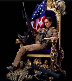 Anna Paulina Luna sitting sideways on a throne. She's in some type of uniform and holding an automatic rifle.