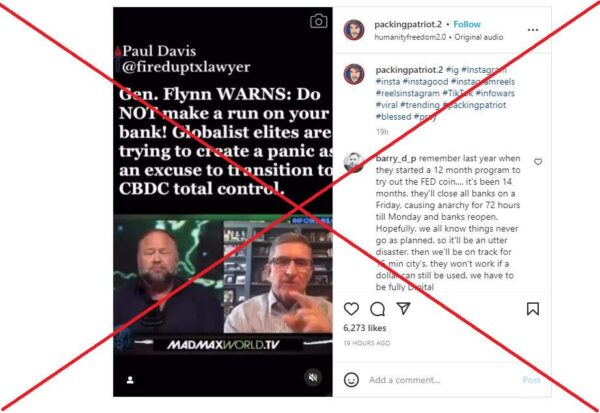 A March 12, 2023 Instagram post featuring Alex Jones and Michael Flynn sparking concern over CBDCs.