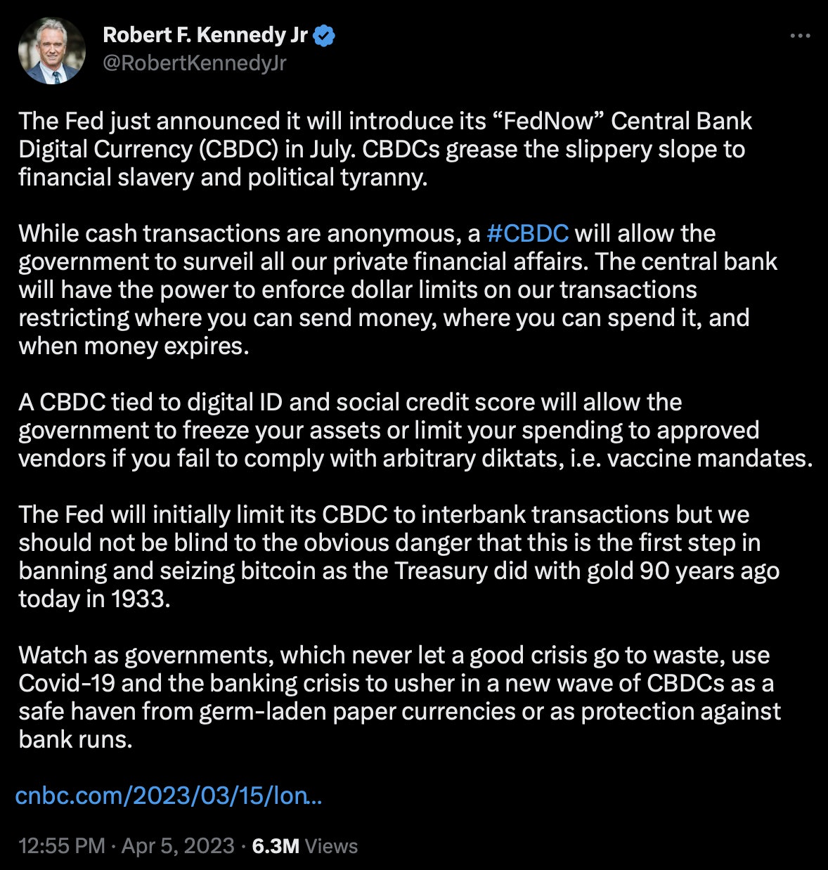 A post by Robert F. Kennedy, Jr. on Twitter, April 5, 2023.