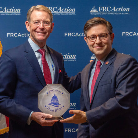 Tony Perkins (left) of the Family Research Council honors Rep. Mike Johnson for his voting record on March 1, 2023