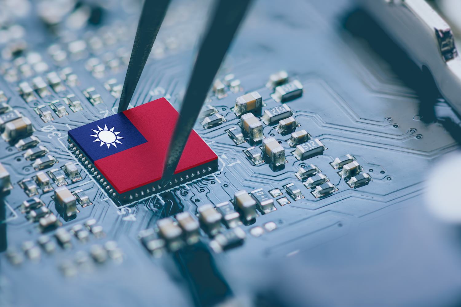 Flag of the Republic of China or Taiwan on a processor, CPU Central processing Unit or GPU microchip on a motherboard.