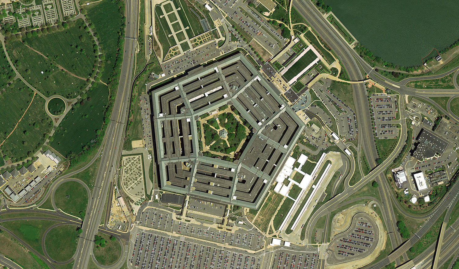Pentagon in Washington building looking down aerial view from above, Bird’s eye view Pentagon, Washington, USA