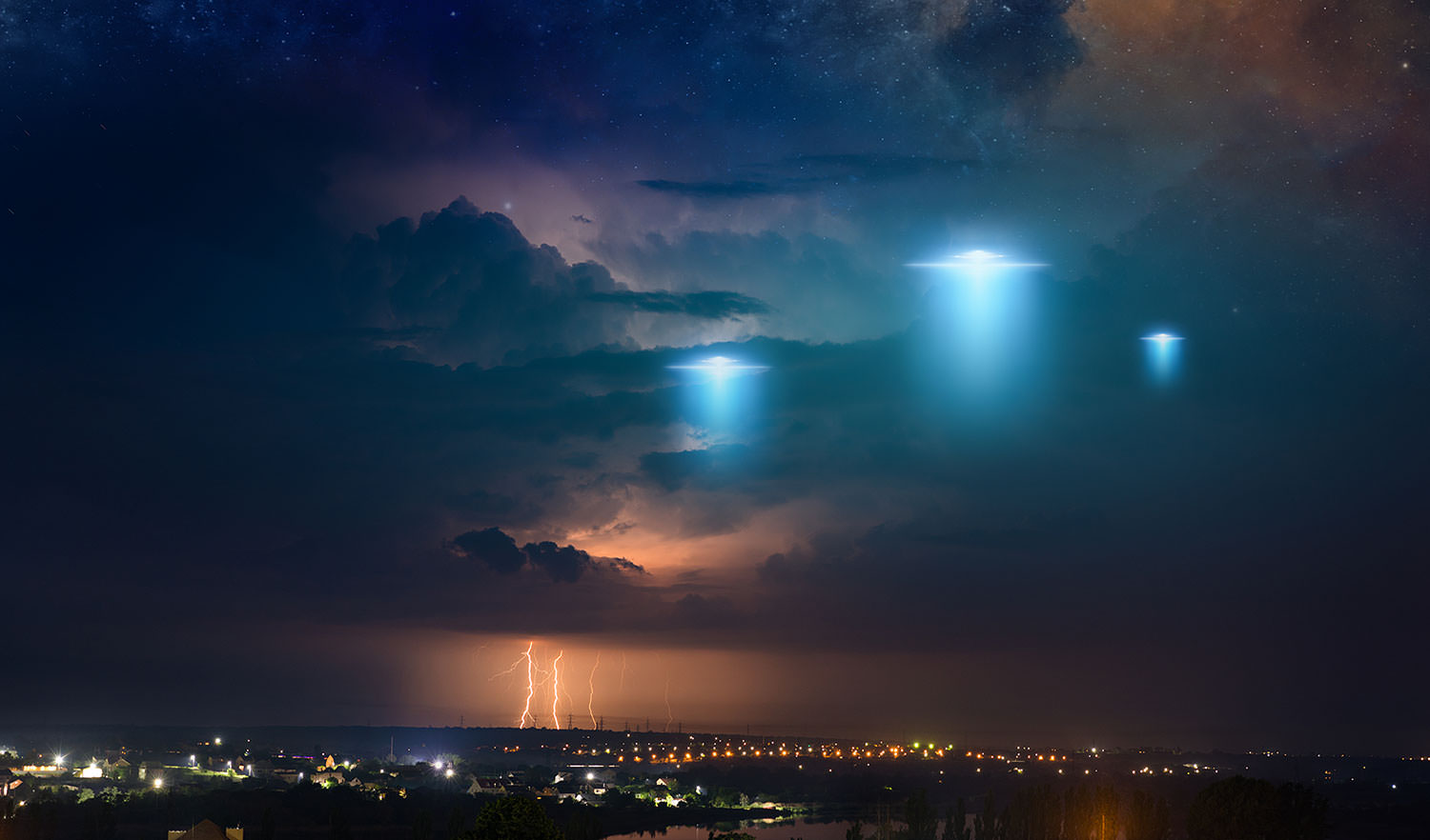 Background Extraterrestrial Aliens Spaceship over city in night sky