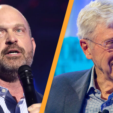 On the left, Kevin Roberts, President of the Heritage Foundation and former President of Wyoming Catholic College, whose forward for Project 2025 includes a full-bore attack on LGBTQ and reproductive rights. And on the right, Charles Koch, 14th richest man in the world, co-originator of the Koch network, and widely seen as the driving force behind climate denial and the attacks on public schools and public health.