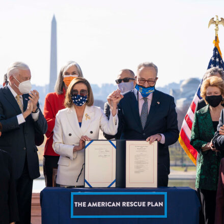 Senate Majority Leader Chuck Schumer (D-NY), Speaker of the House Nancy Pelosi (D-CA) and Democrats in Congress held an enrollment ceremony for H.R. 1319, the American Rescue Plan Act