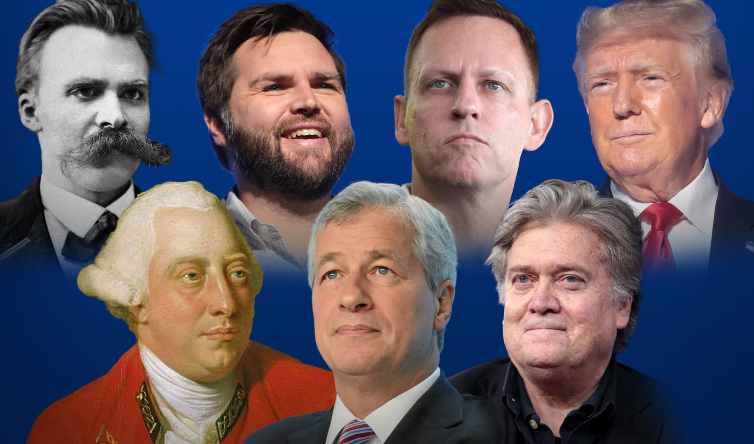 Jamie Dimon, Peter Thiel, Steve Bannon, J.D. Vance, Frederick Neitzche, Donald Trump and George III