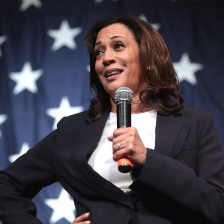 U.S. Senator Kamala Harris speaking with attendees at the 2019 Iowa Democratic Wing Ding at Surf Ballroom in Clear Lake, Iowa.