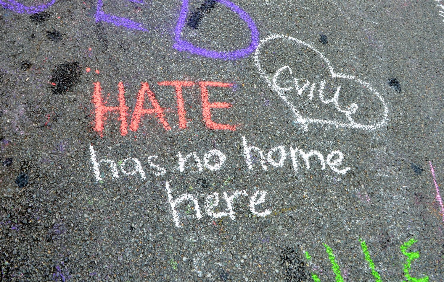 CHARLOTTESVILLE, VA – Aug 11, 2018: Chalked messages at the site where Heather Heyer was killed on the one-year anniversary of a rally that turned violent.