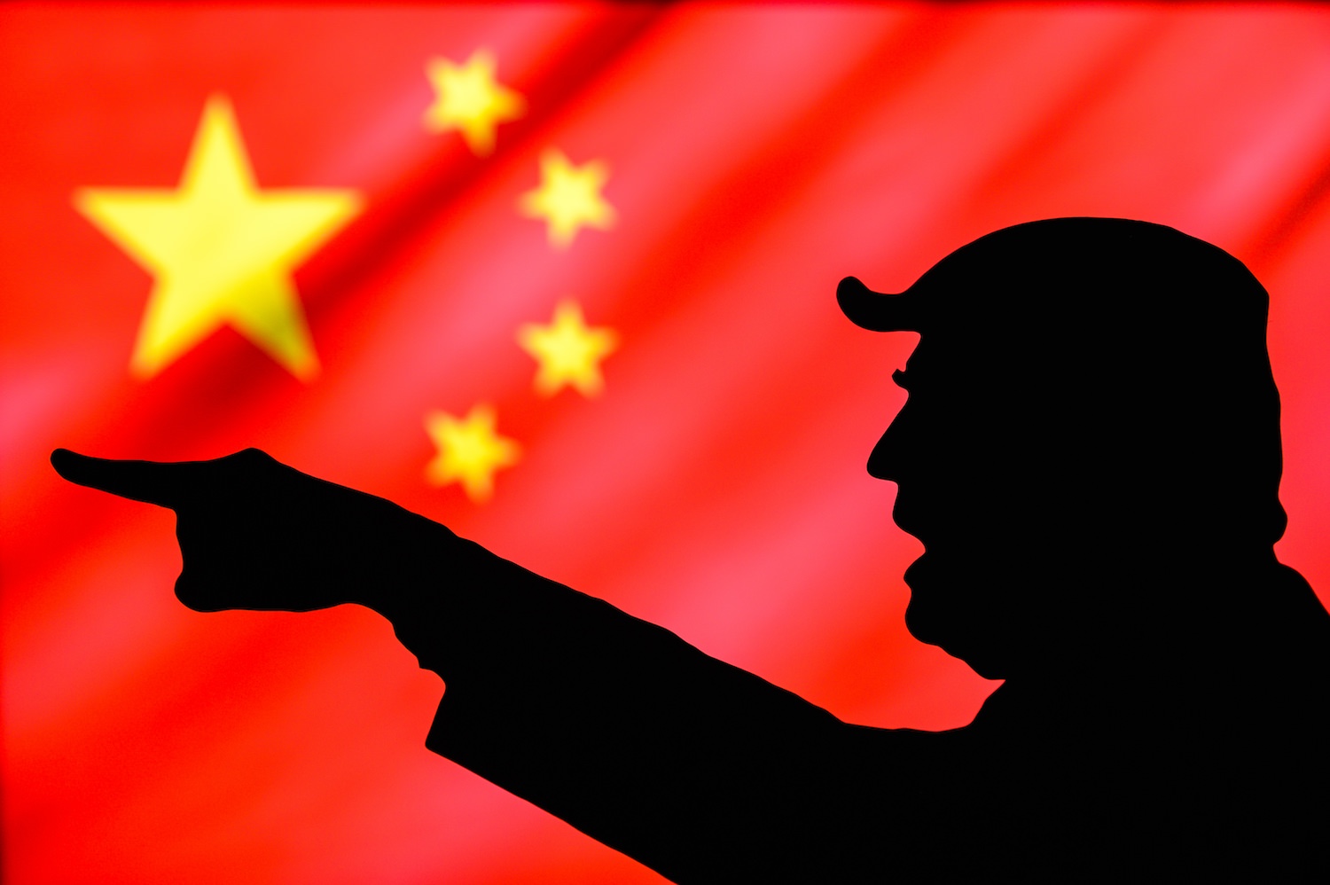 NEW YORK, USA, MAY 25, 2020: US President Donald Trump and his conflict with China. Angry Trump showing hand, flag of the Republic of China in the background. illustration photo, edit space