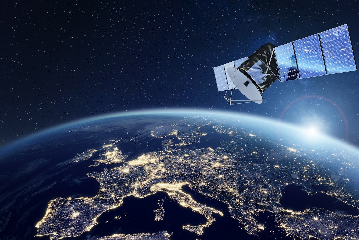 Telecommunication satellite providing global internet network and high speed data communication above Europe. Satellite in space, low Earth orbit. Worldwide communication technology.