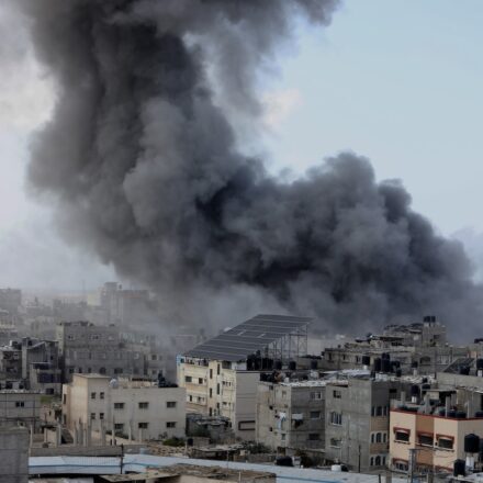 Smoke rises after Israeli air strikes near the border east of the city of Rafah in the southern Gaza Strip, on October 12 2023.