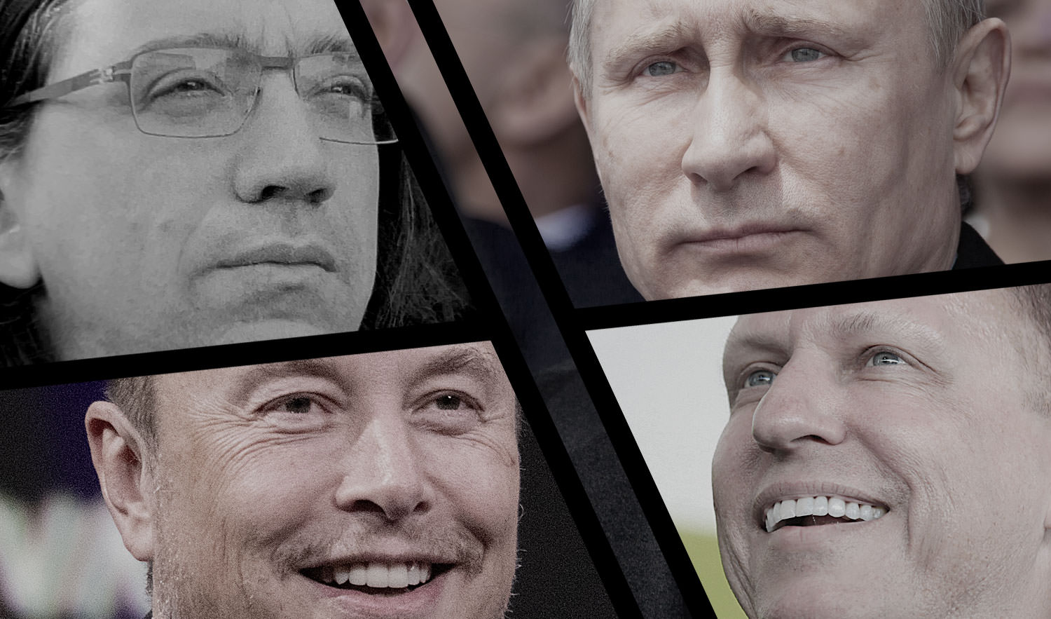 Photo montage clockwise: Curtis Yarvin, Vladimir Putin, Peter Thiel, and Elon Musk