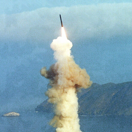 A Minuteman III intercontinental ballistic missile is launched from a pad on Vandenberg Air Force base. Aug. 20 1982.