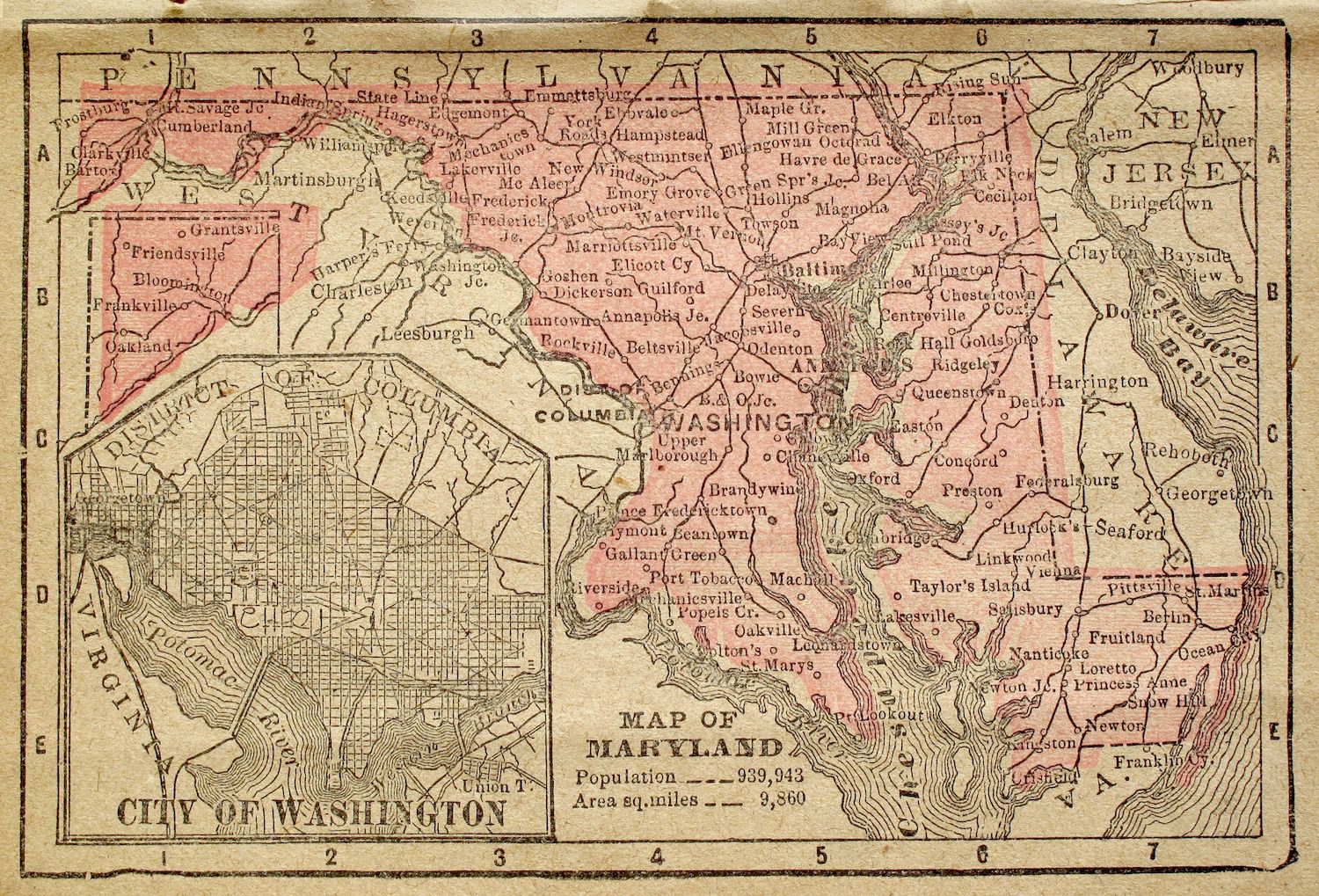 Map of Maryland, circa 1880. Includes the city of Washington, D.C.
