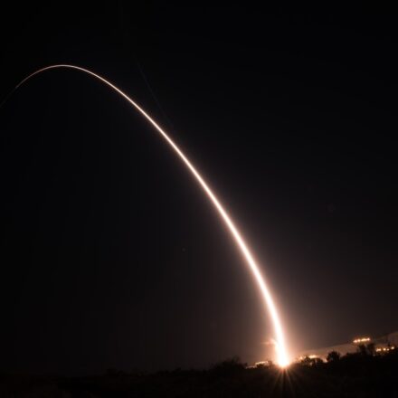 An unarmed Minuteman III intercontinental ballistic missile launches during an operational test at 1:13 a.m. Pacific Time Oct. 2, 2019, at Vandenberg Air Force Base, Calif. (U.S. Air Force photo by Michael Peterson)