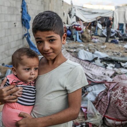Displaced Palestinians inspect their tents, which were hit from an Israeli airstrike, inside the Al-Aqsa Hospital compound, in Deir al-Balah, central Gaza Strip, on Sep 27, 2024. Photo by Anas-Mohammed.