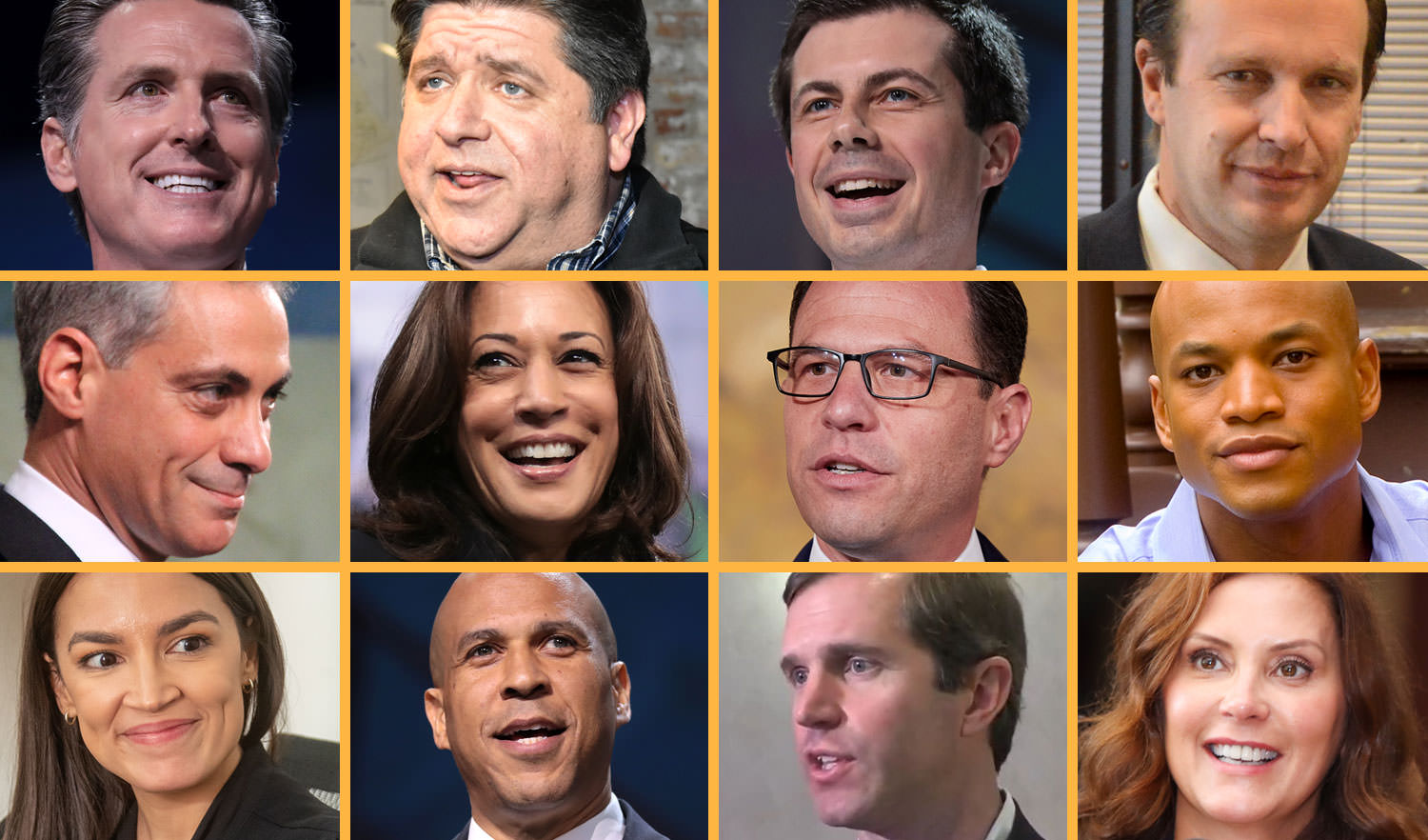 Photo collage of Andy Beshear, Cory Booker, Pete Buttigieg, Rahn Emanuel, Kamala Harris, Wes Moore, Chris Murphy, Gavin Newsom, Alexandria Ocasio-Cortez, JB Pritzger, Josh Shapiro, Gretchen Whitmer