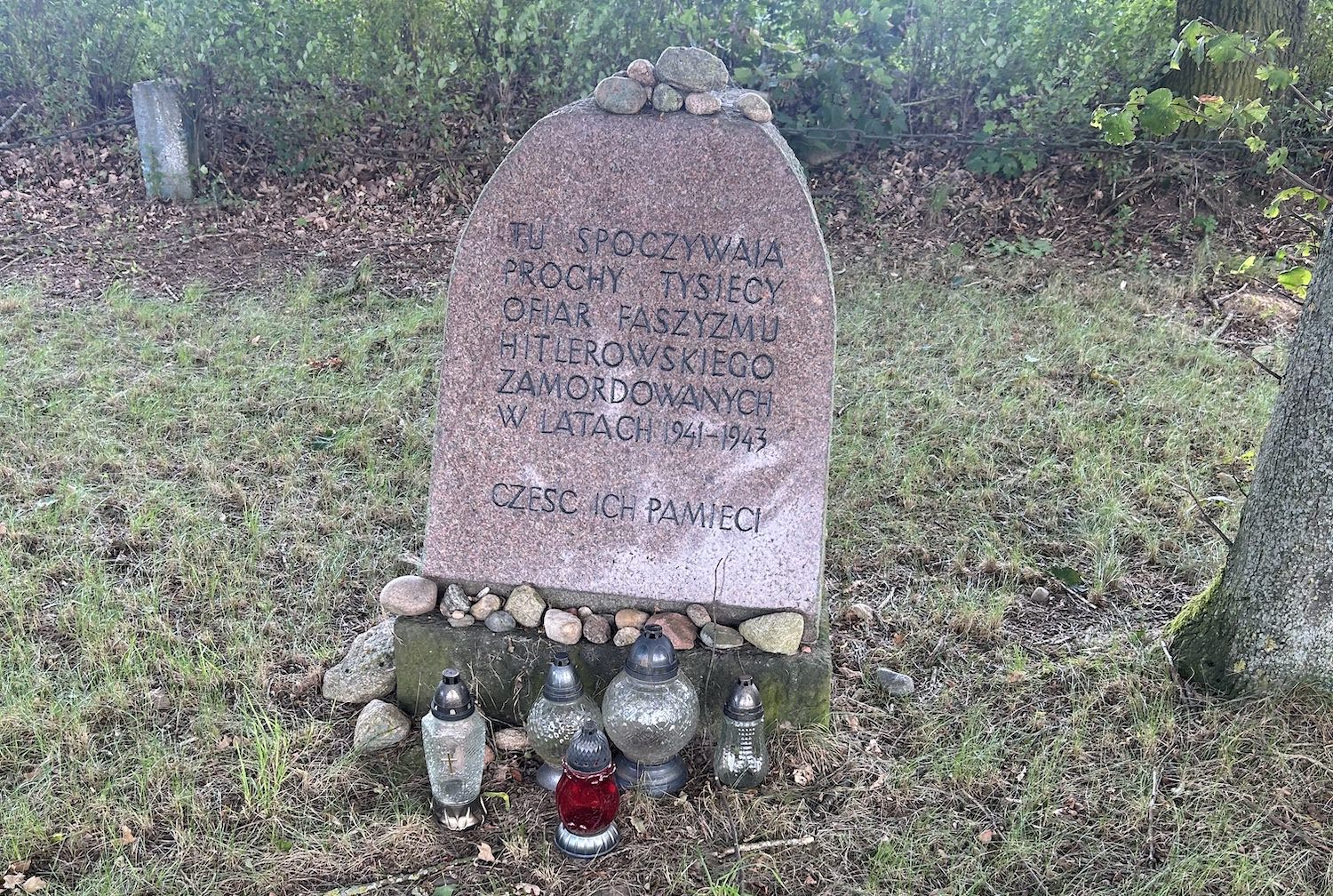 Grave-Marker A photo of a small, gravestone- shaped memorial stone placed in the ground where the Jews were machine-gunned. The translation of the Polish is: HERE RESTS THE ASHES OF THOUSANDS OF VICTIMS OF HITLER’S FASCISM IN THE YEARS 1941-1943. DEDICATED TO THEIR MEMORY. There are some small stones stacked on top and at the base, showing there must have been some other Jewish visitors to the site as the custom is to leave stones on tombstones.