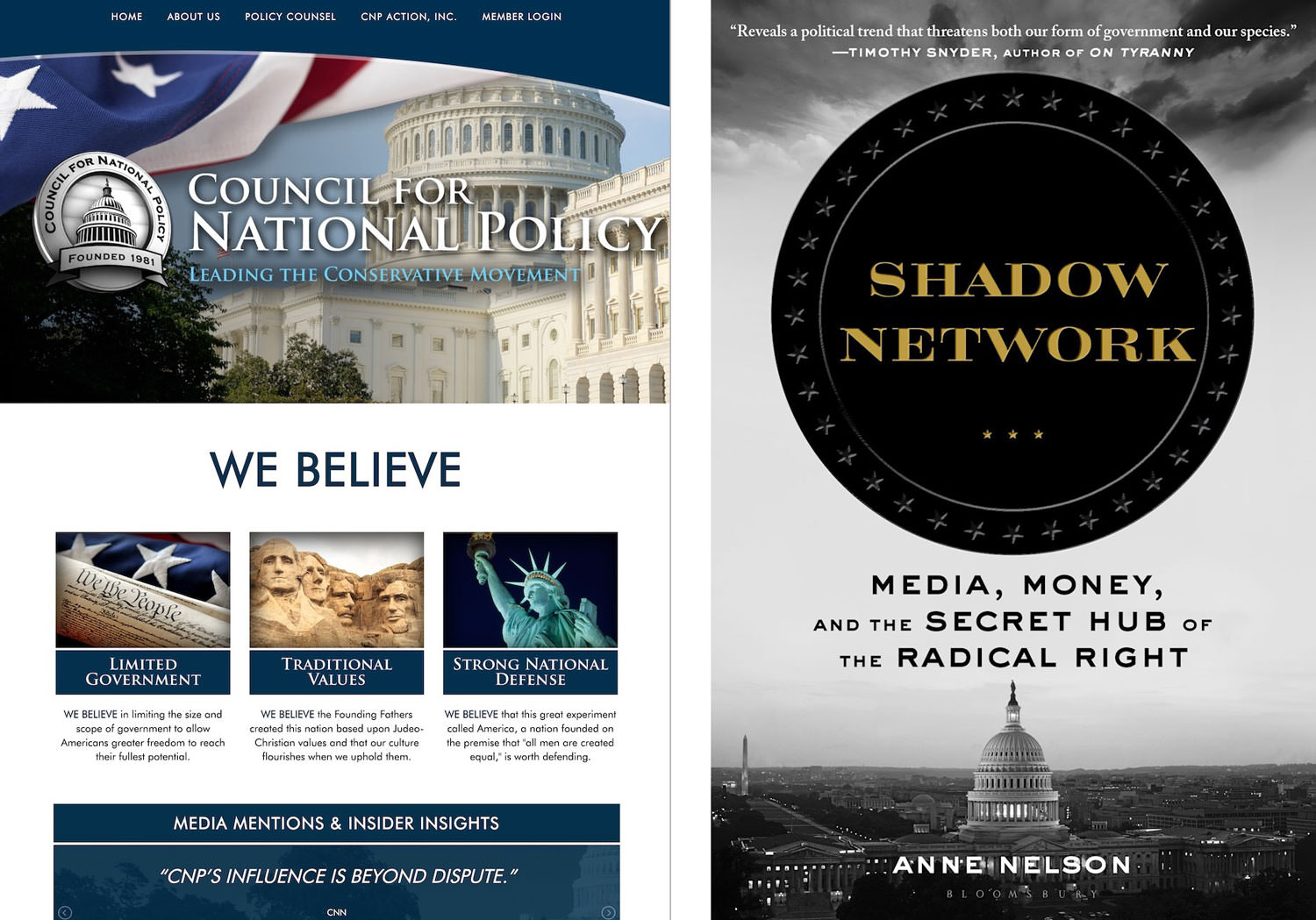 Screenshot of the Council for National Policy's website and the book cover for Shadow Network by Anne Nelson.