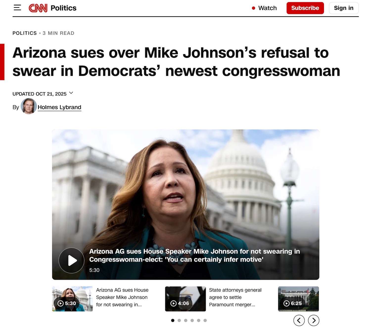 Screenshot of the CNN article, "Arizona sues over Mike Johnson's refusal to swear in Democrats' newest congresswoman"