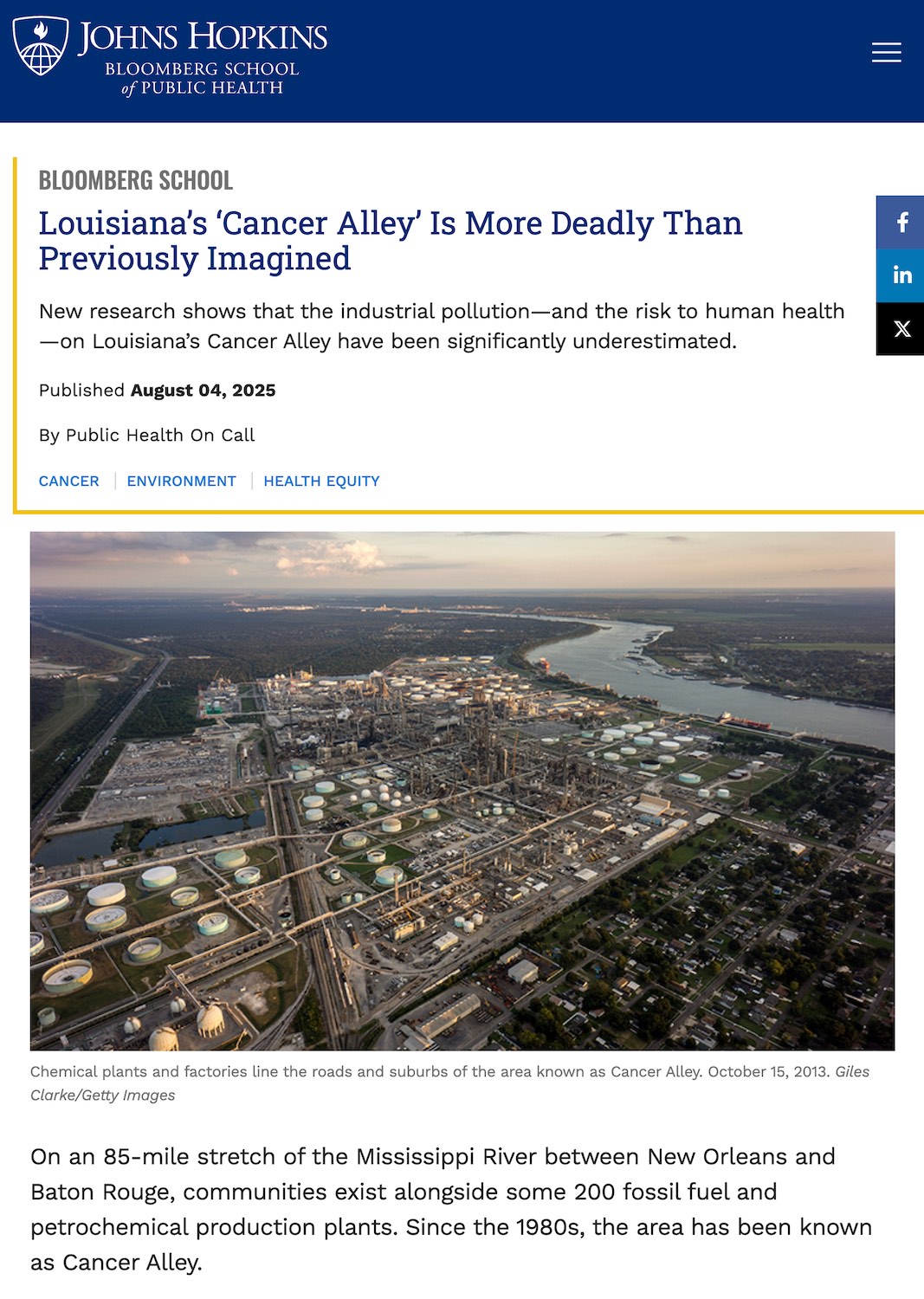 Screenshot of the Johns Hopkins article, "Louisiana's 'Cancer Alley' is More Deadly Than Previously Imagined"