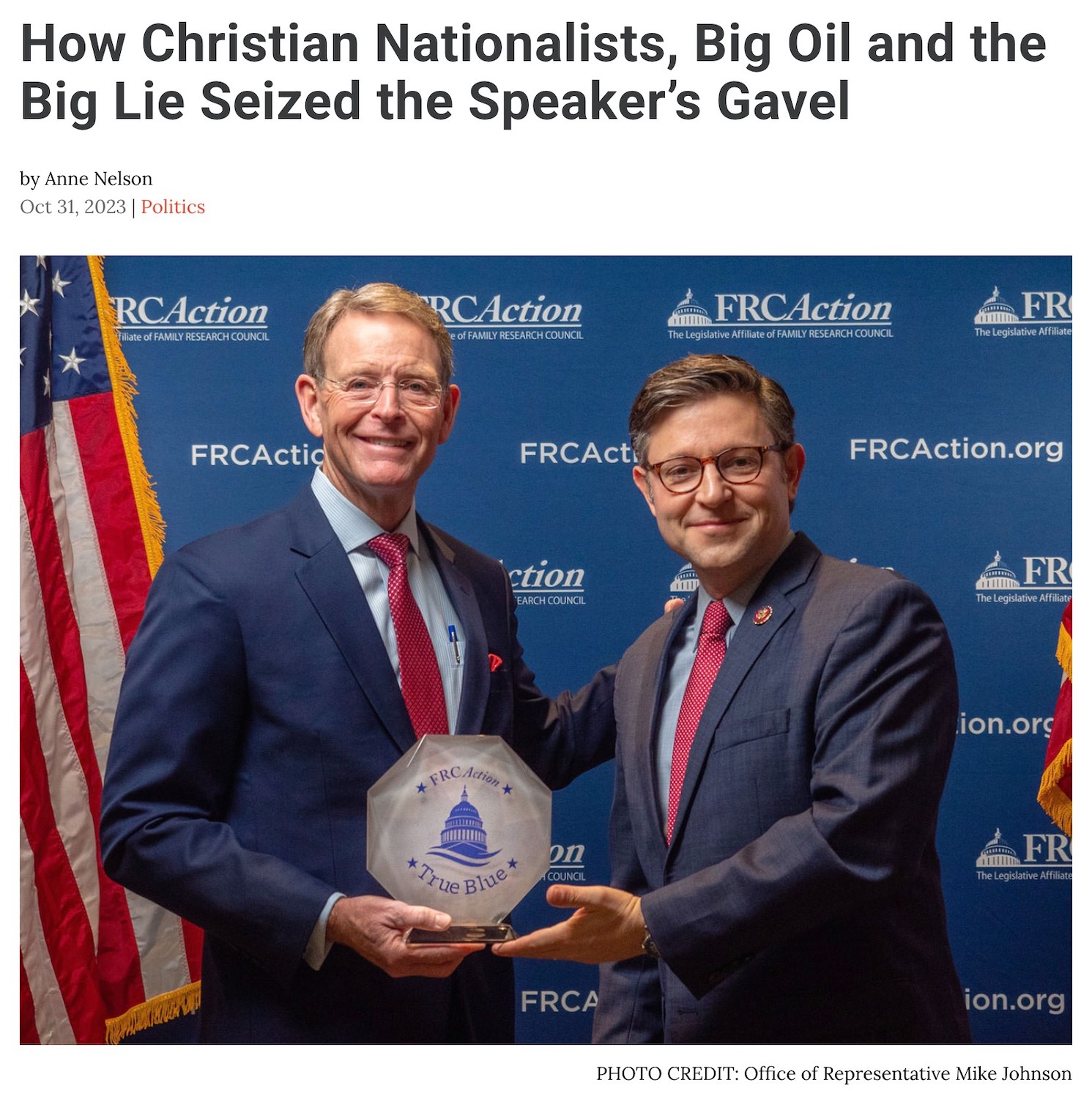 The Washington Spectator article "How Christian Nationalists, Big Oil and the Big Lie Seized the Speaker's Gavel"