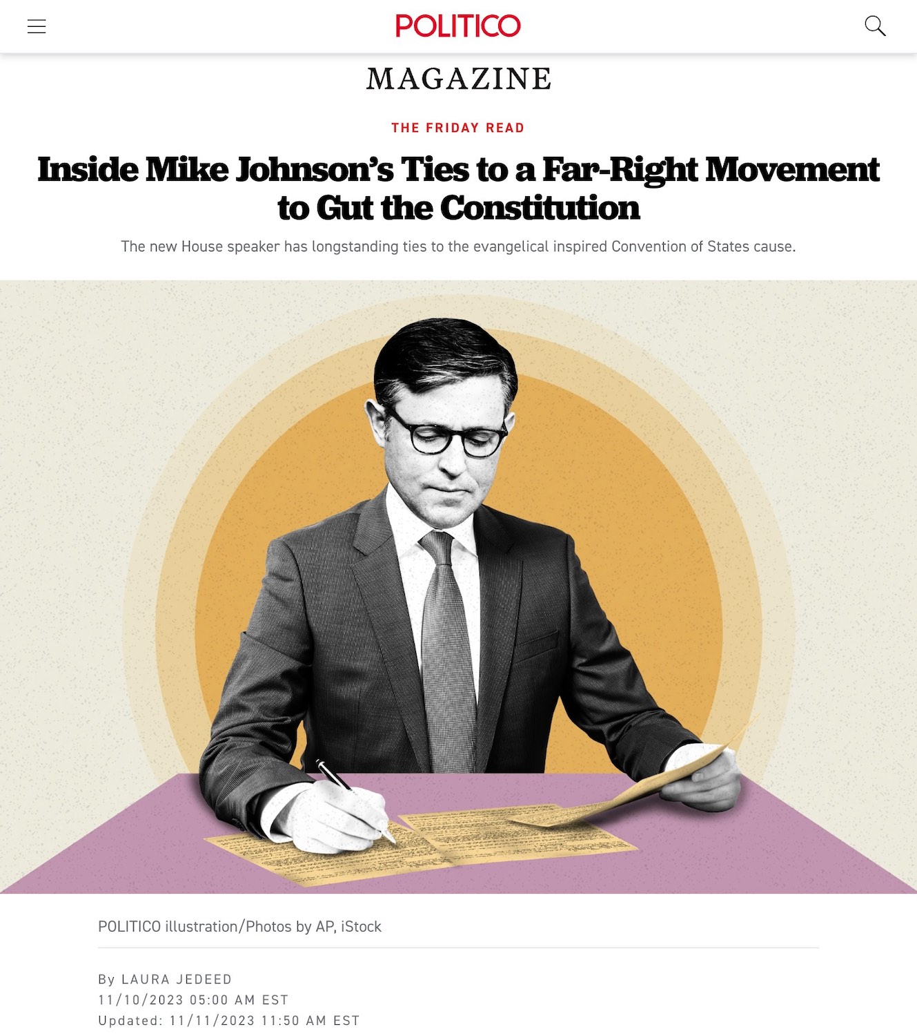 Screenshot of Politico article, "Inside Mike Johnson's Ties to a Far-Right Movement to Gut the Constitution"